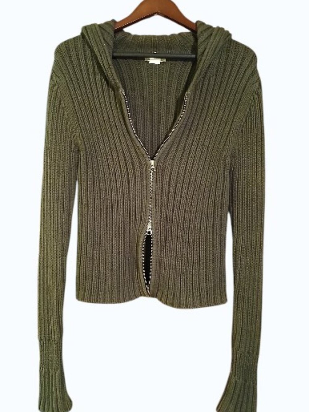 J. CREW Forest Green Ribbed Double Full Zip Hooded Cardigan
